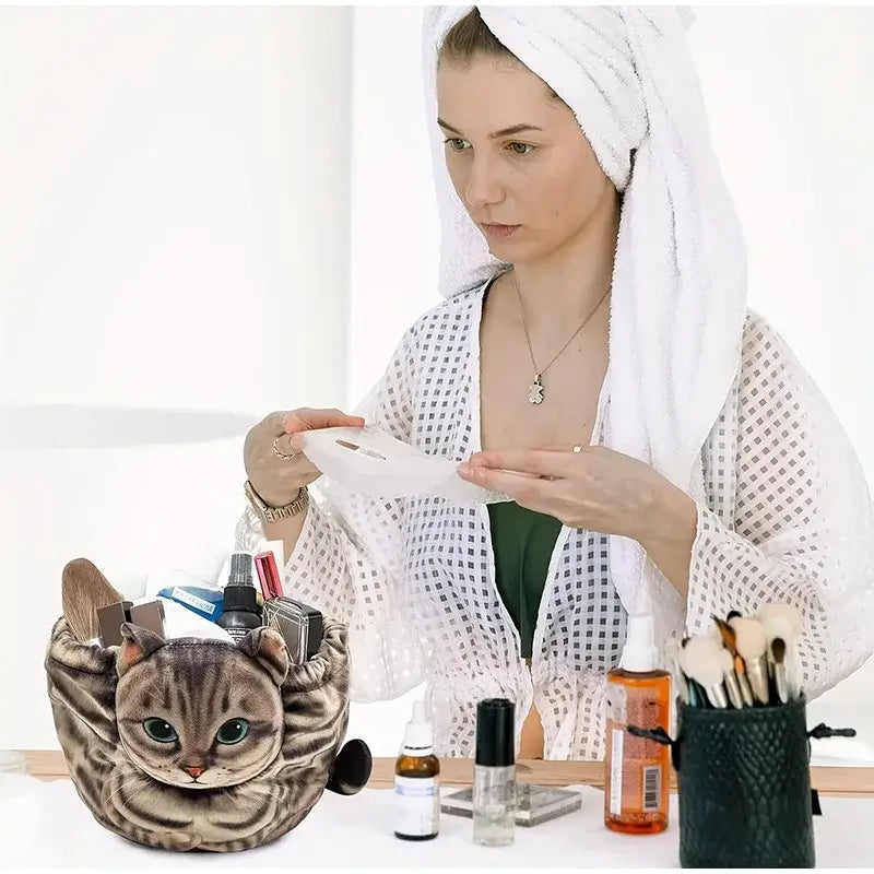 Cat-Shaped Cosmetic Storage Bag,Drawstring Closure,Cute Travel Size Makeup Skincare Toiletry Organizer Pouch,Gift for