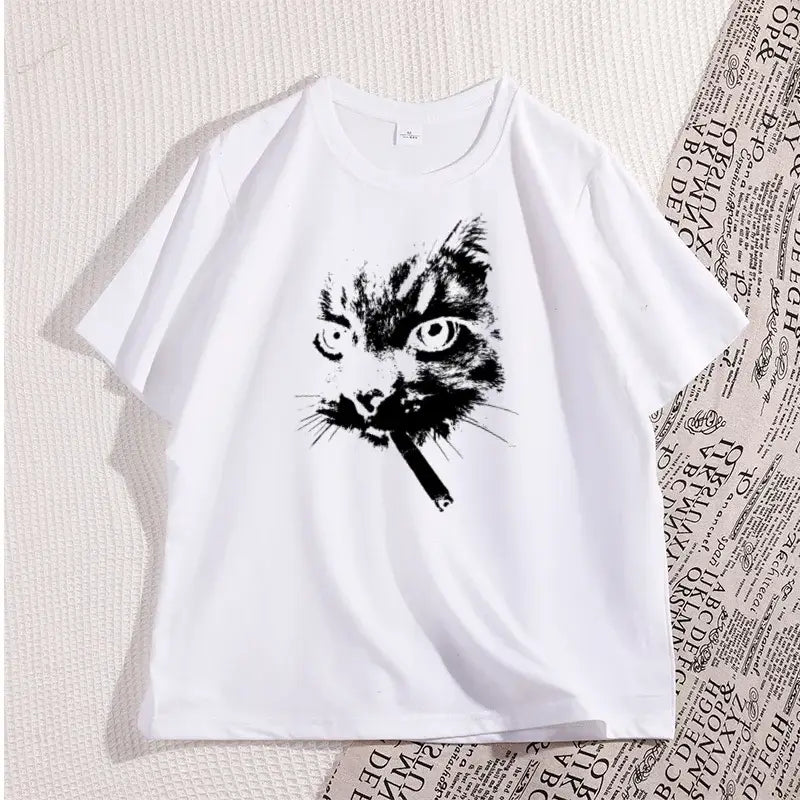 Cat Smoking Cigarette Funny Graphic T Shirt Oversized Tshirt Stupid Cat T Shirts Cotton Short Sleeve Streetwear Clothing