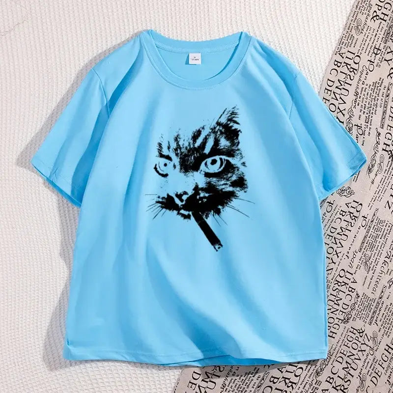 Cat Smoking Cigarette Funny Graphic T Shirt Oversized Tshirt Stupid Cat T Shirts Cotton Short Sleeve Streetwear