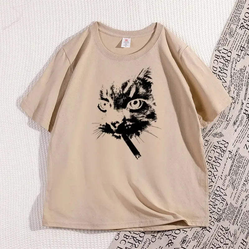 Cat Smoking Cigarette Funny Graphic T Shirt Oversized Tshirt Stupid Cat T Shirts Cotton Short Sleeve Streetwear