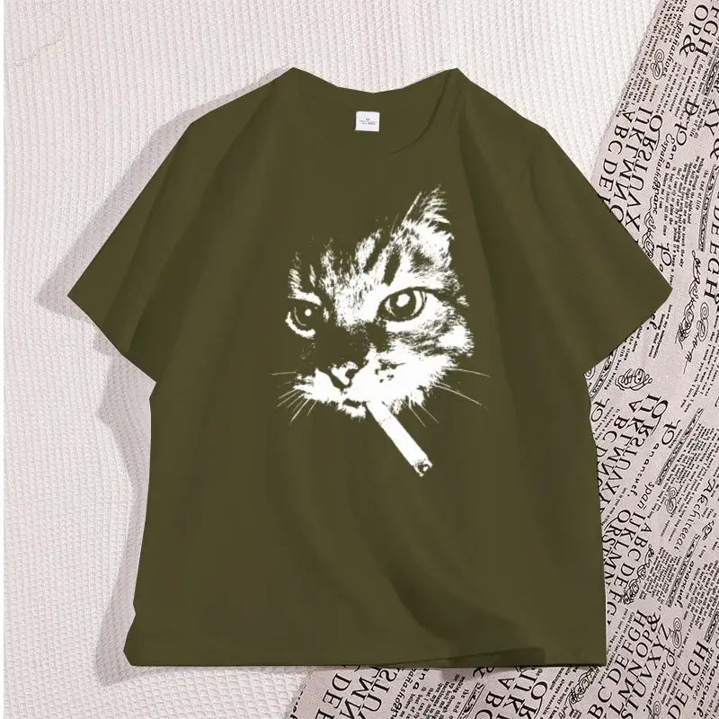 Cat Smoking Cigarette Funny Graphic T Shirt Oversized Tshirt Stupid Cat T Shirts Cotton Short Sleeve Streetwear