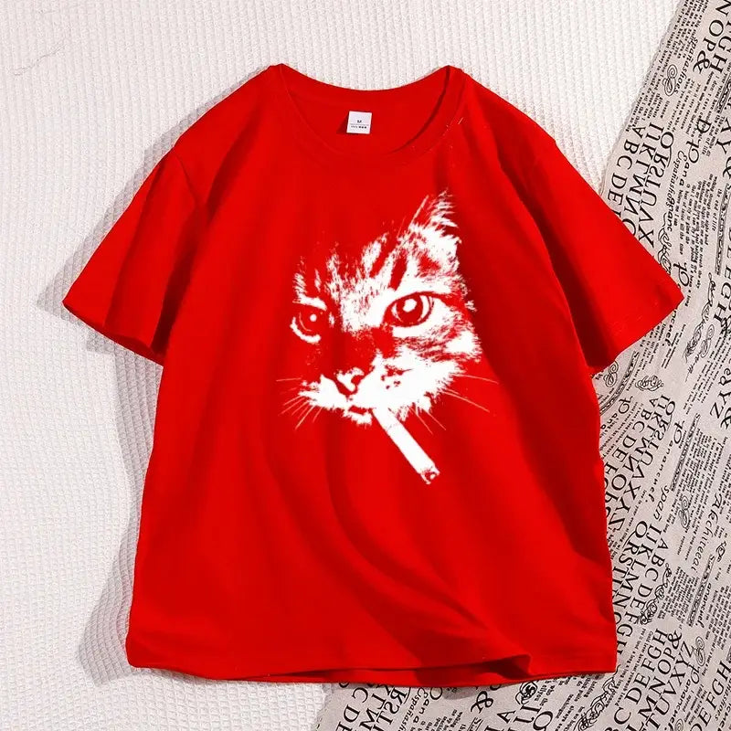 Cat Smoking Cigarette Funny Graphic T Shirt Oversized Tshirt Stupid Cat T Shirts Cotton Short Sleeve Streetwear