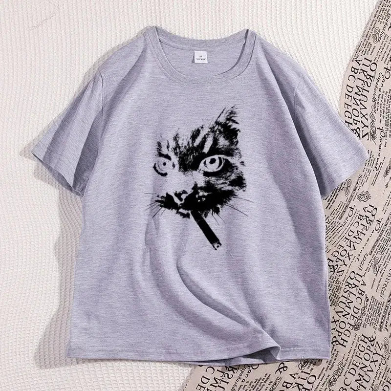 Cat Smoking Cigarette Funny Graphic T Shirt Oversized Tshirt Stupid Cat T Shirts Cotton Short Sleeve Streetwear