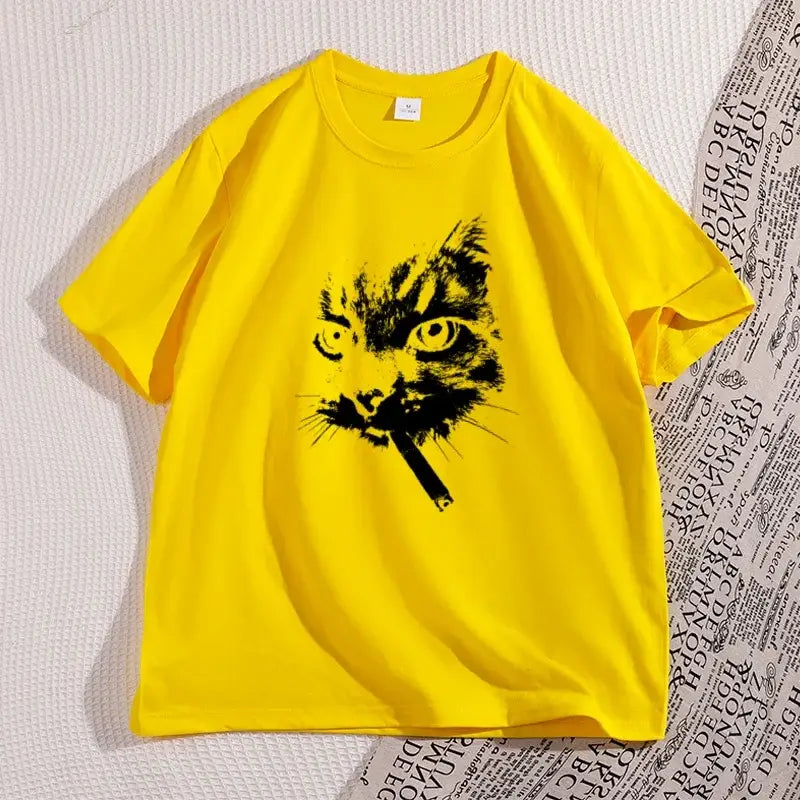 Cat Smoking Cigarette Funny Graphic T Shirt Oversized Tshirt Stupid Cat T Shirts Cotton Short Sleeve Streetwear