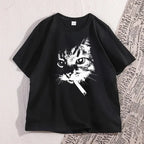 Cat Smoking Cigarette Funny Graphic T Shirt Oversized Tshirt Stupid Cat T Shirts Cotton Short Sleeve Streetwear Clothing