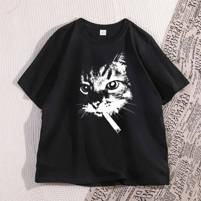 Cat Smoking Cigarette Funny Graphic T Shirt Oversized Tshirt Stupid Cat T Shirts Cotton Short Sleeve Streetwear Clothing