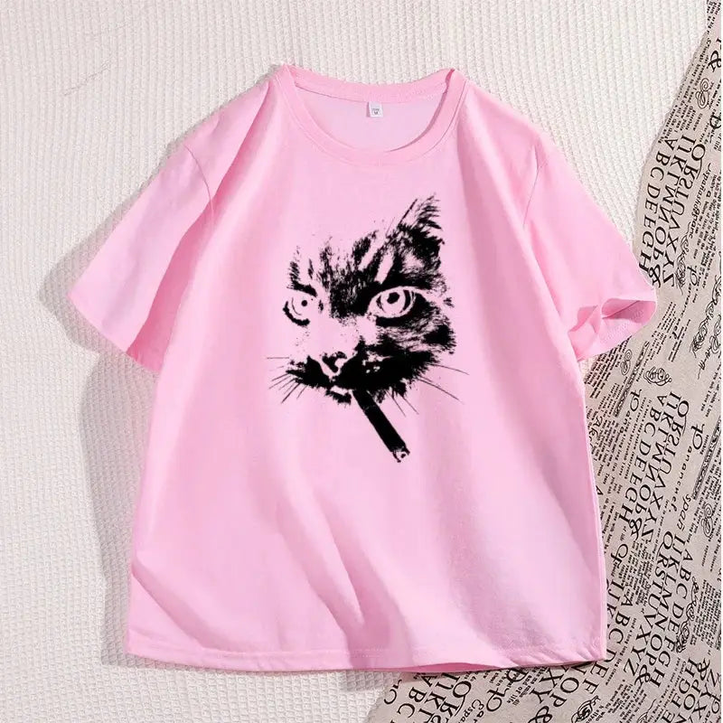 Cat Smoking Cigarette Funny Graphic T Shirt Oversized Tshirt Stupid Cat T Shirts Cotton Short Sleeve Streetwear