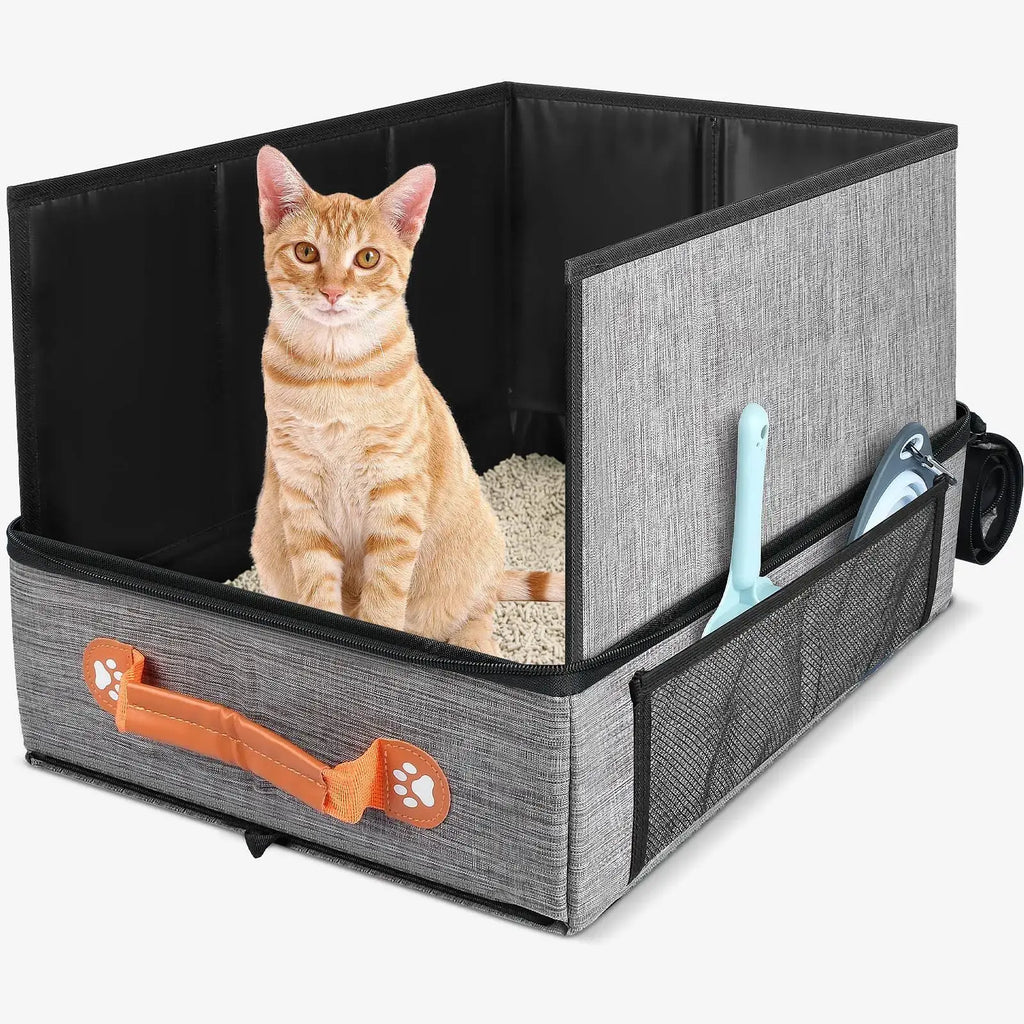 Cat Toilet Out Portable Waterproof Foldable Cat Litter Box with High Baffle Cover Cat Litter Storage Bag - Gray