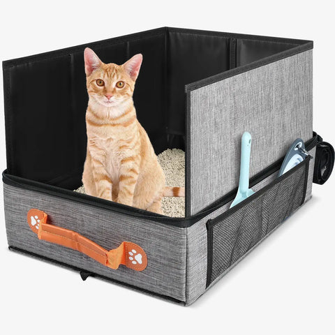 Cat Toilet Out Portable Waterproof Foldable Cat Litter Box with High Baffle Cover Cat Litter Storage Bag - Gray