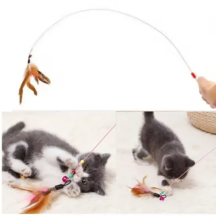 Cat Toy Teaser Rod with Suction Cup Self - entertaining Feather Pet Toy with Bell Long Pole Interactive and Bite