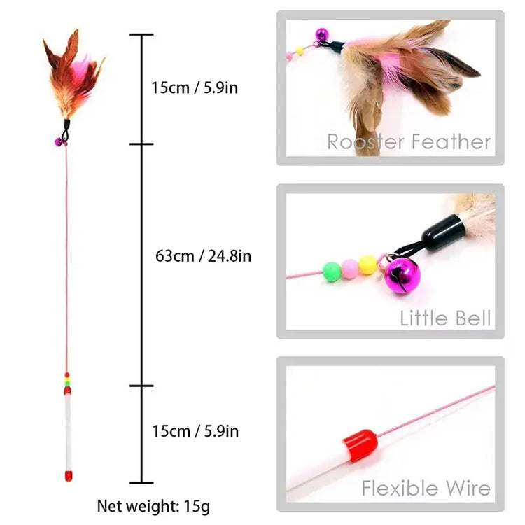 Cat Toy Teaser Rod with Suction Cup Self - entertaining Feather Pet Toy with Bell Long Pole Interactive and Bite