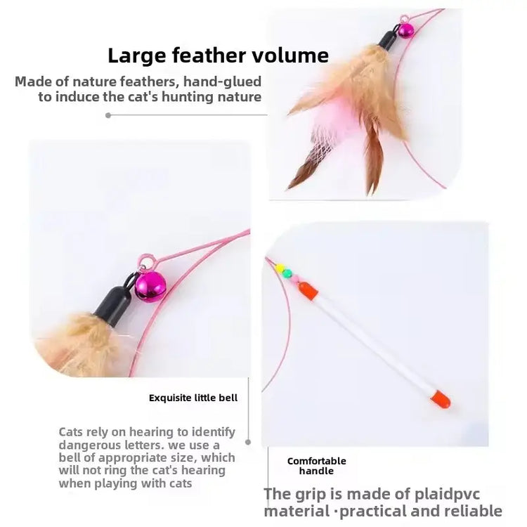Cat Toy Teaser Rod with Suction Cup Self - entertaining Feather Pet Toy with Bell Long Pole Interactive and Bite