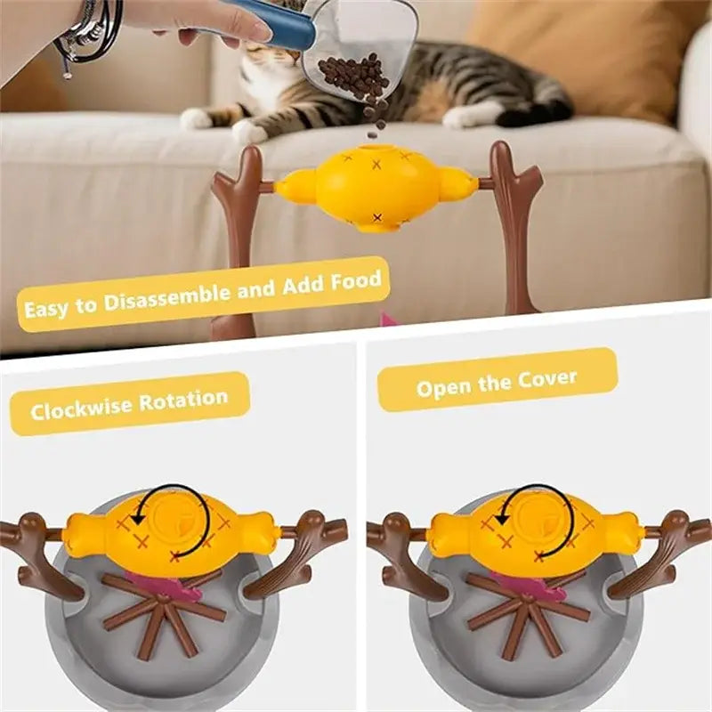 Cat Treat-Dispensing Slow Puzzle Feeder Bowls,Unique Rotatable Roast and Flame,Cognitive Training Game Toys for Indoor