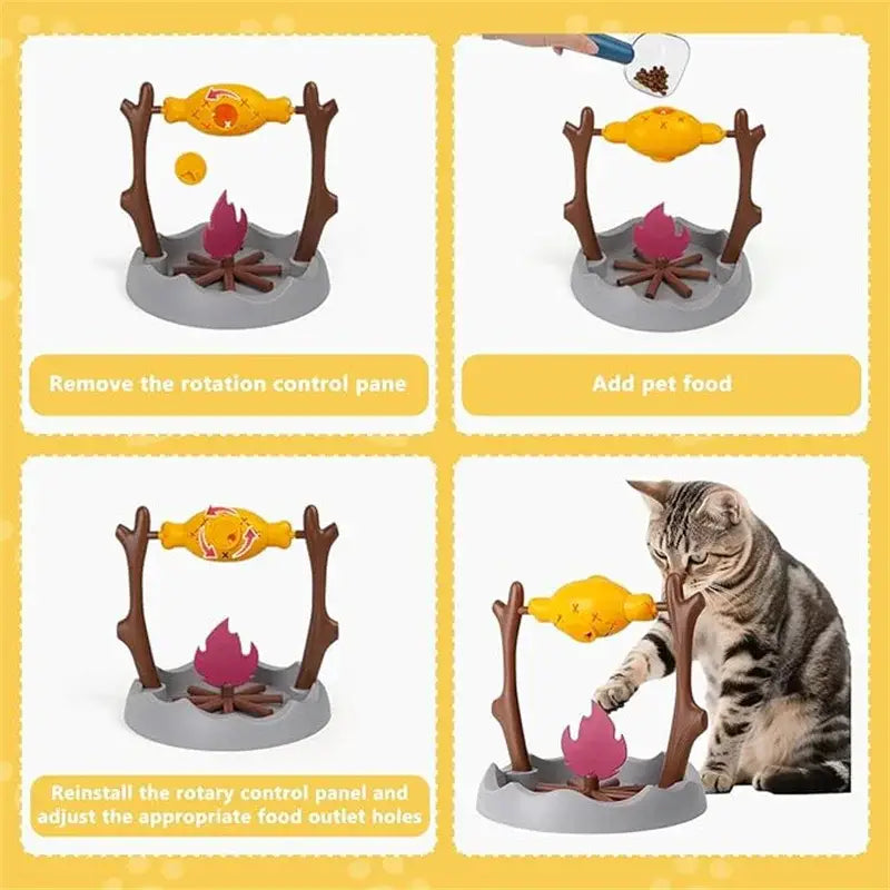 Cat Treat-Dispensing Slow Puzzle Feeder Bowls,Unique Rotatable Roast and Flame,Cognitive Training Game Toys for Indoor