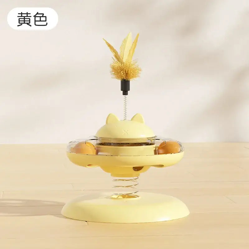 Cat Turntable Rocking Spring Dispenser Self-Entertaining Cat Teaser Stick Pet Boredom-Relief Toy - Yellow / XS