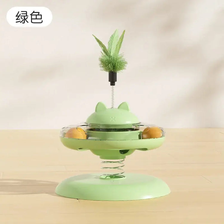 Cat Turntable Rocking Spring Dispenser Self-Entertaining Cat Teaser Stick Pet Boredom-Relief Toy - green / XS