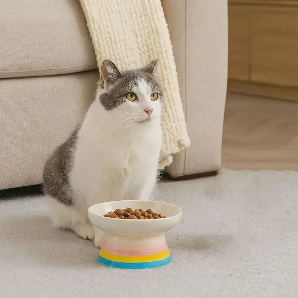 Ceramic Cat Bowl Flat/Slanted Mouth Cervical Spine Protection Cat Elevated Bowl Handmade Anti Tipping Pet Food Bowl