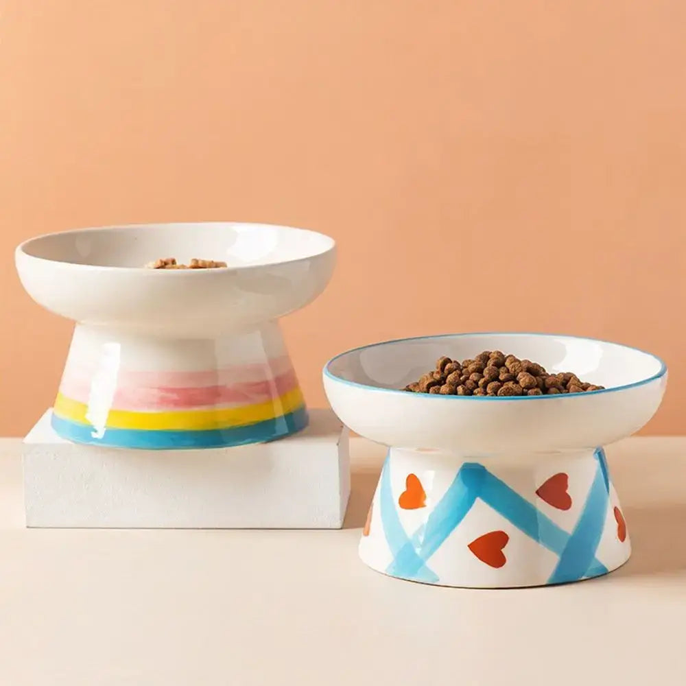Ceramic Cat Bowl Flat/Slanted Mouth Cervical Spine Protection Cat Elevated Bowl Handmade Anti Tipping Pet Food Bowl