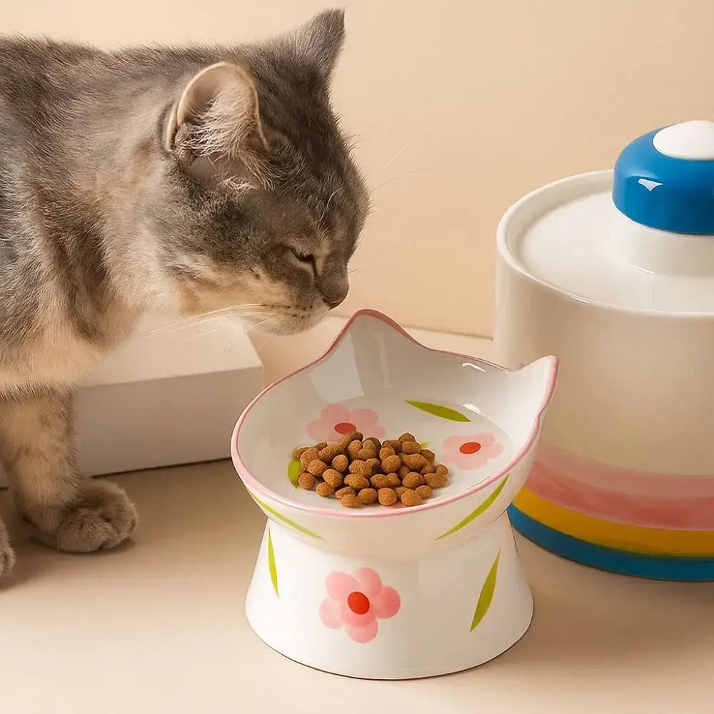 Ceramic Cat Bowl Flat/Slanted Mouth Cervical Spine Protection Cat Elevated Bowl Handmade Anti Tipping Pet Food Bowl