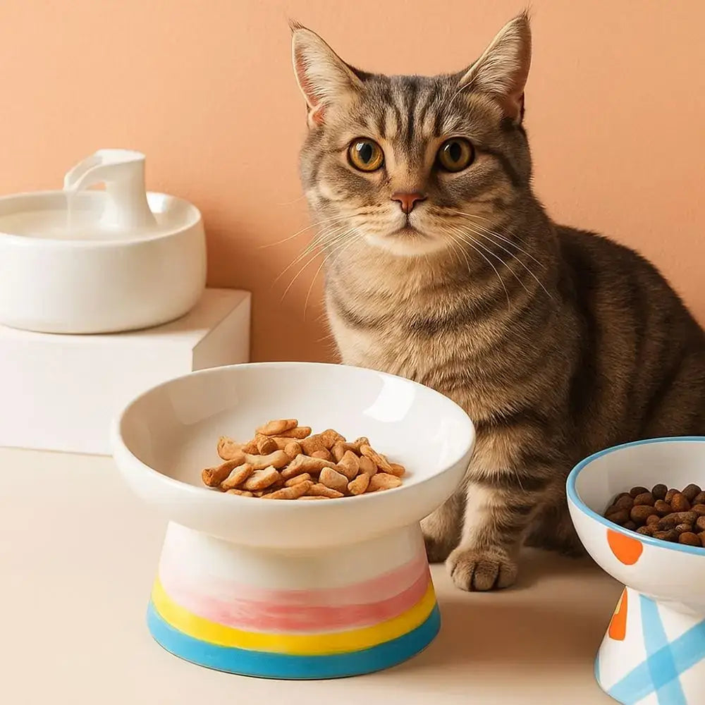 Ceramic Cat Bowl Flat/Slanted Mouth Cervical Spine Protection Cat Elevated Bowl Handmade Anti Tipping Pet Food Bowl