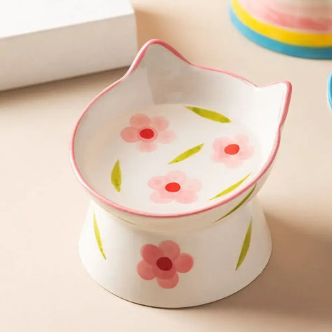 Ceramic Cat Bowl Flat/Slanted Mouth Cervical Spine Protection Cat Elevated Bowl Handmade Anti Tipping Pet Food Bowl