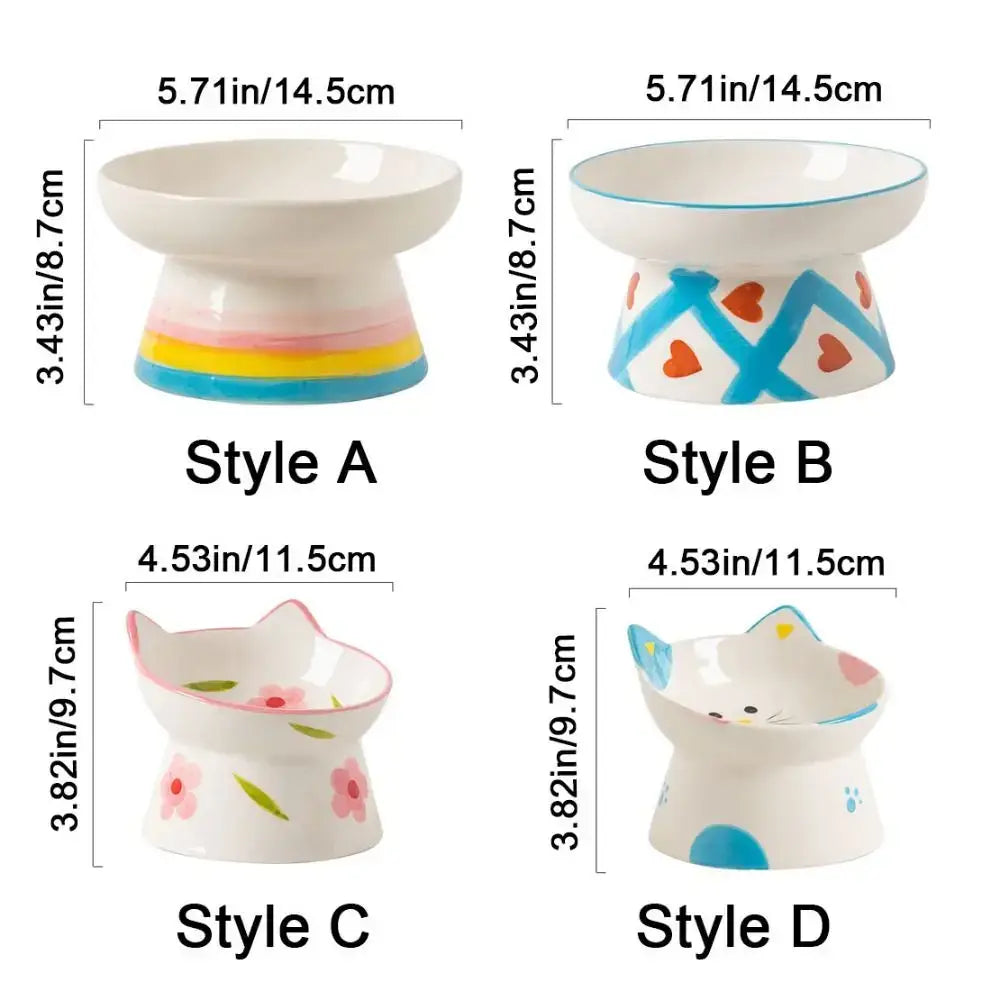Ceramic Cat Bowl Flat/Slanted Mouth Cervical Spine Protection Cat Elevated Bowl Handmade Anti Tipping Pet Food Bowl