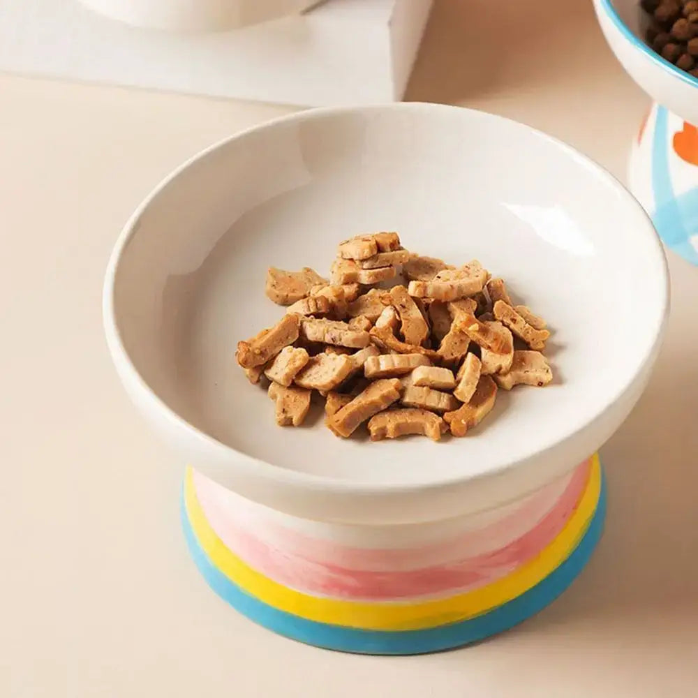 Ceramic Cat Bowl Flat/Slanted Mouth Cervical Spine Protection Cat Elevated Bowl Handmade Anti Tipping Pet Food Bowl