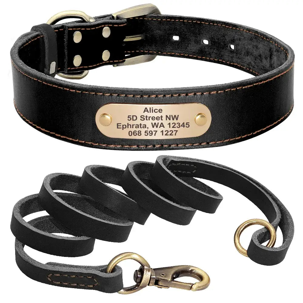 Collier et laisse en cuir sur mesure pour chien - Black Set / XL