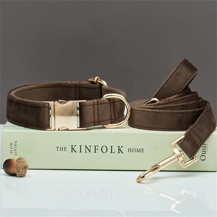 Collier et laisse en velours pour chien - Chocolate Set / S
