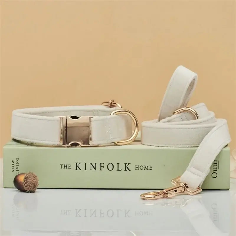 Collier et laisse en velours pour chien - Cream Set / S