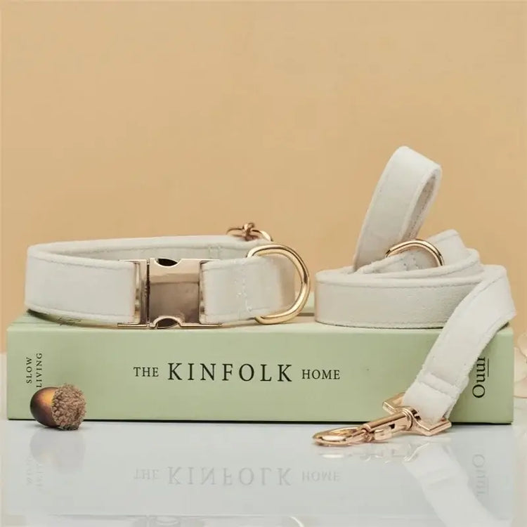 Collier et laisse en velours pour chien - Cream Set / S