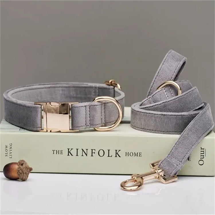 Collier et laisse en velours pour chien - Gray Set / S