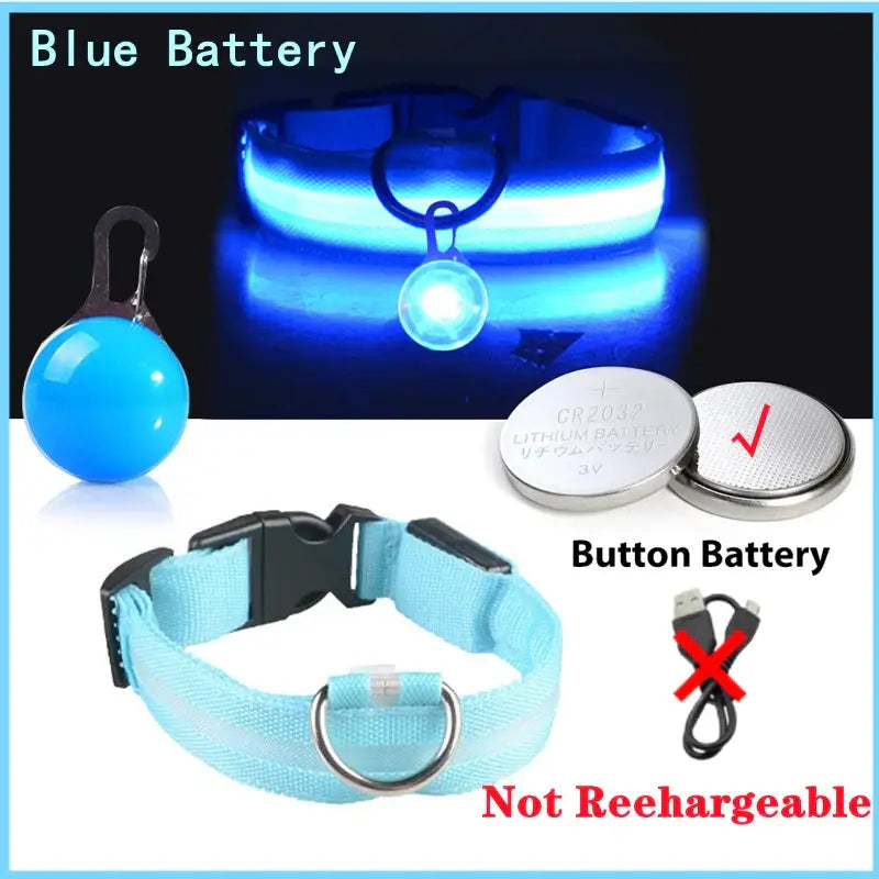 Collier lumineux LED pour animaux de compagnie - Blue Button Battery / S Neck 34-41 CM