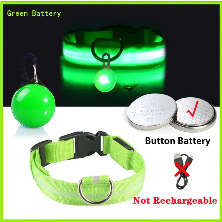 Collier lumineux LED pour animaux de compagnie - Green Button Battery / S Neck 34-41 CM