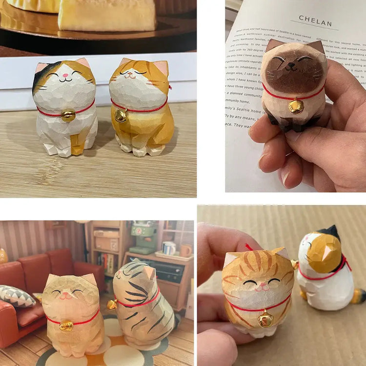Cute Cat Animals Figurine Decorative Wooden Ornament Kitten Statue Calico Golden gradient cat Home Office Desk