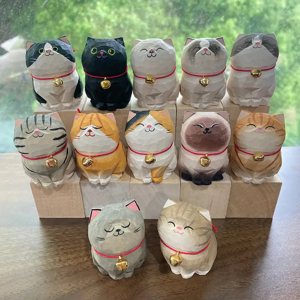 Cute Cat Animals Figurine Decorative Wooden Ornament Kitten Statue Calico Golden gradient cat Home Office Desk