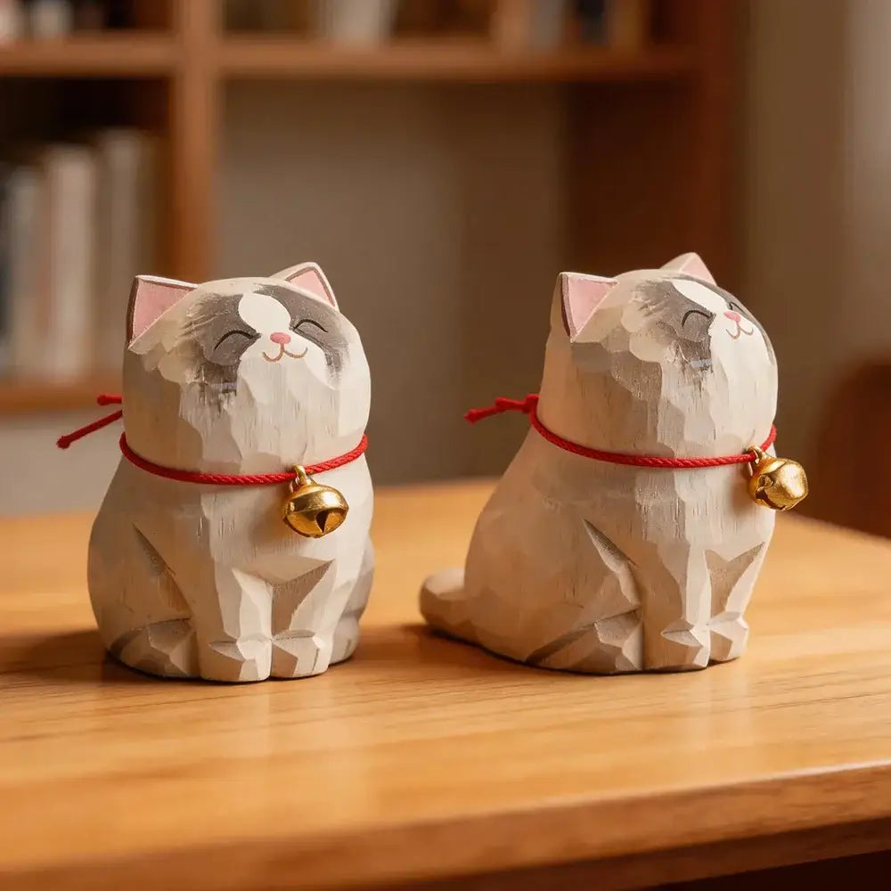 Cute Cat Animals Figurine Decorative Wooden Ornament Kitten Statue Calico Golden gradient cat Home Office Desk