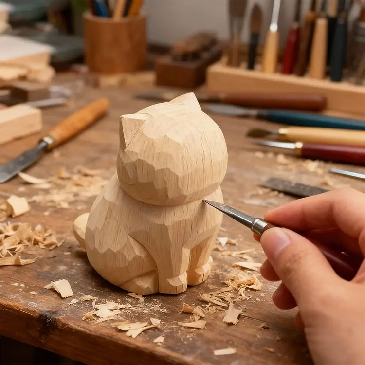 Cute Cat Animals Figurine Decorative Wooden Ornament Kitten Statue Calico Golden gradient cat Home Office Desk
