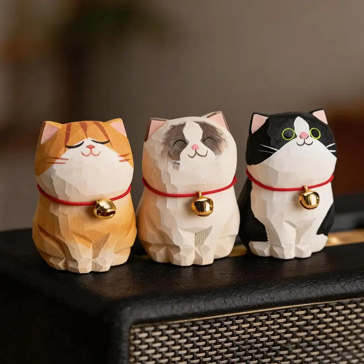 Cute Cat Animals Figurine Decorative Wooden Ornament Kitten Statue Calico Golden gradient cat Home Office Desk