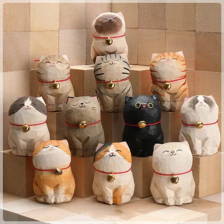 Cute Cat Animals Figurine Decorative Wooden Ornament Kitten Statue Calico Golden gradient cat Home Office Desk