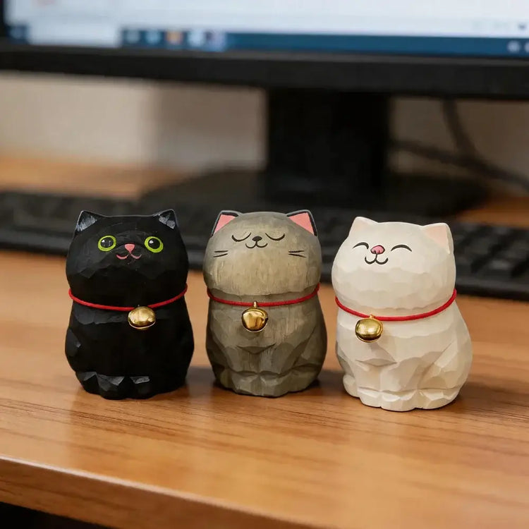 Cute Cat Animals Figurine Decorative Wooden Ornament Kitten Statue Calico Golden gradient cat Home Office Desk