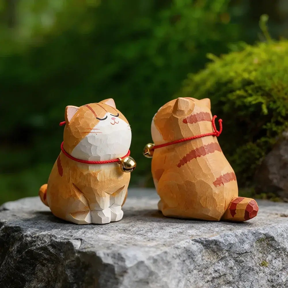 Cute Cat Animals Figurine Decorative Wooden Ornament Kitten Statue Calico Golden gradient cat Home Office Desk