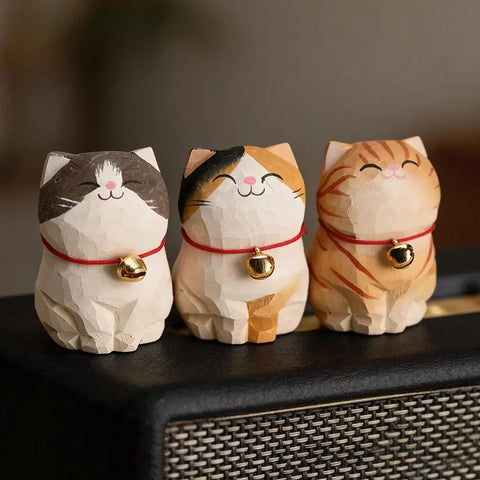 Cute Cat Animals Figurine Decorative Wooden Ornament Kitten Statue Calico Golden gradient cat Home Office Desk