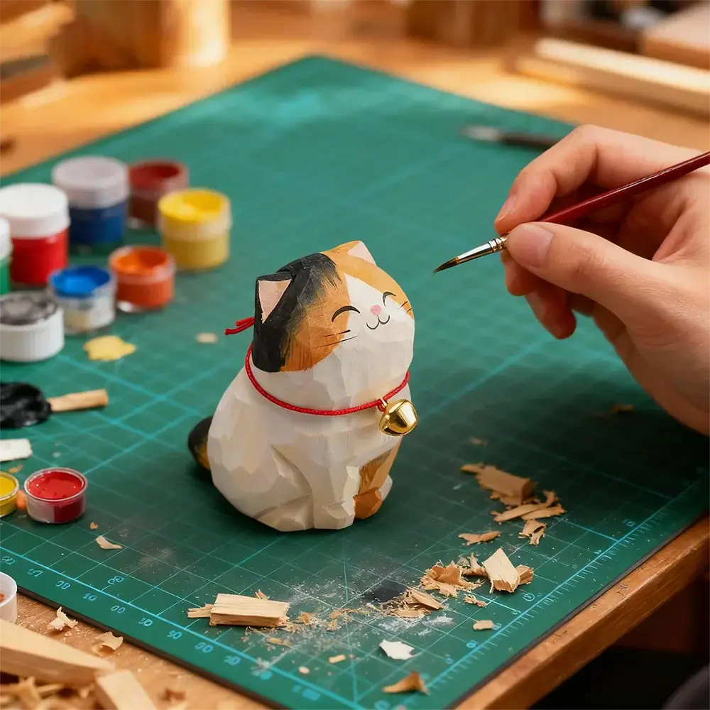 Cute Cat Animals Figurine Decorative Wooden Ornament Kitten Statue Calico Golden gradient cat Home Office Desk