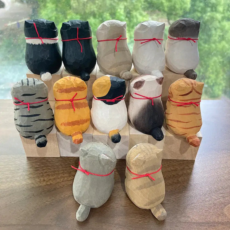 Cute Cat Animals Figurine Decorative Wooden Ornament Kitten Statue Calico Golden gradient cat Home Office Desk