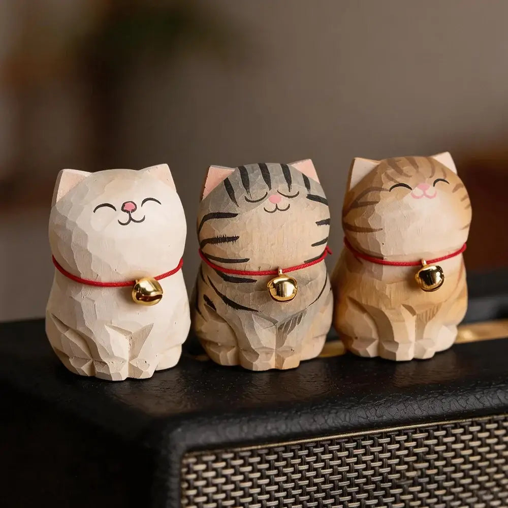 Cute Cat Animals Figurine Decorative Wooden Ornament Kitten Statue Calico Golden gradient cat Home Office Desk