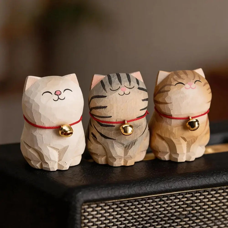 Cute Cat Animals Figurine Decorative Wooden Ornament Kitten Statue Calico Golden gradient cat Home Office Desk