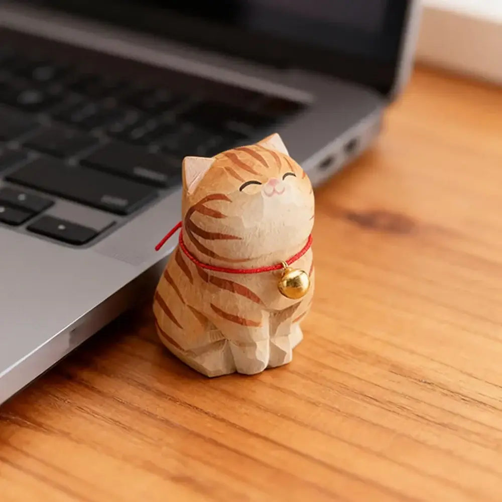 Cute Cat Animals Figurine Decorative Wooden Ornament Kitten Statue Calico Golden gradient cat Home Office Desk