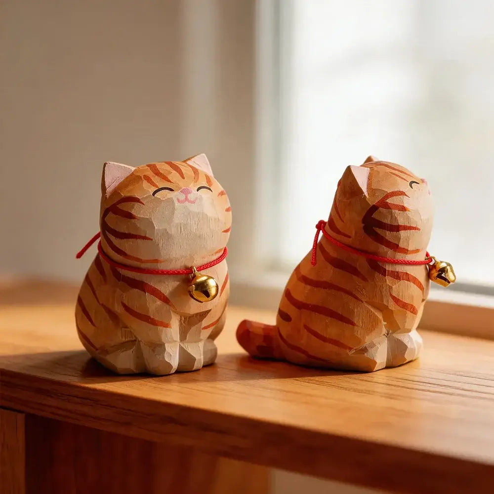 Cute Cat Animals Figurine Decorative Wooden Ornament Kitten Statue Calico Golden gradient cat Home Office Desk
