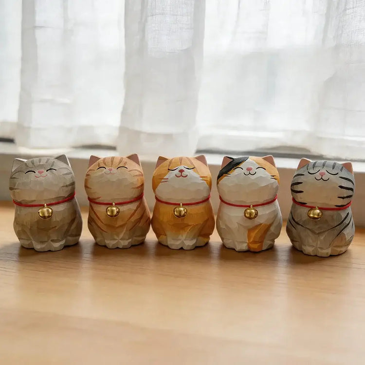 Cute Cat Animals Figurine Decorative Wooden Ornament Kitten Statue Calico Golden gradient cat Home Office Desk